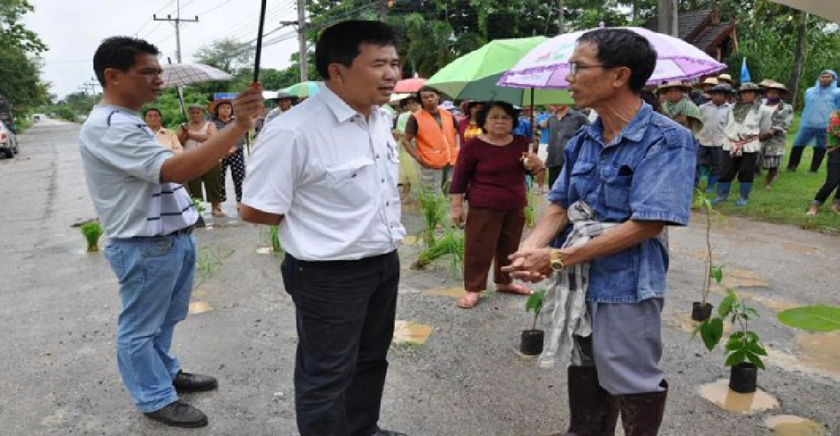 ชาวบ้านสุดทนถนนพังปลูกข้าวประชด