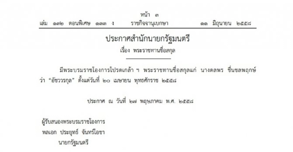 พระราชทานชื่อสกุล 'อัชววรกุล'