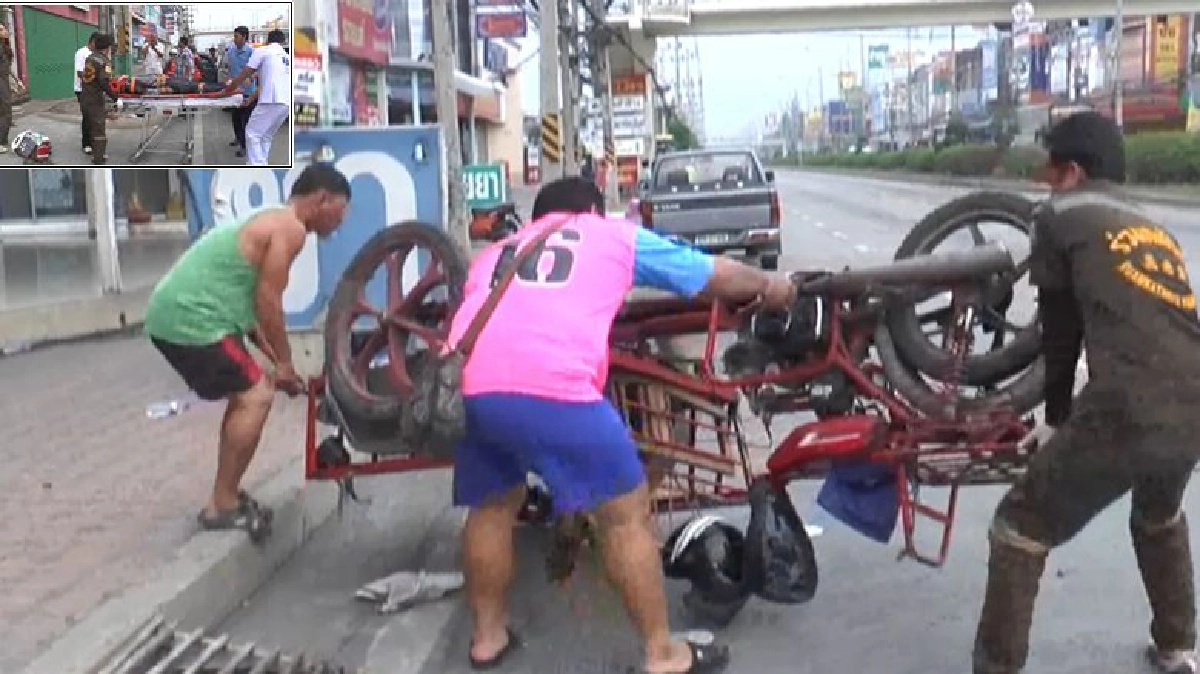 หนุ่มใหญ่ซิ่งสามล้อเครื่องยางระเบิดพลิกคว่ำเจ็บสาหัส
