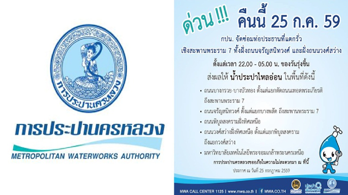 ด่วน! กปน.ซ่อมท่อประปา เชิงสะพานพระราม 7 ส่งผลน้ำไหลอ่อน ด่วน! กปน.ซ่อมท่อประปา เชิงสะพานพระราม 7 ส่งผลน้ำไหลอ่อน