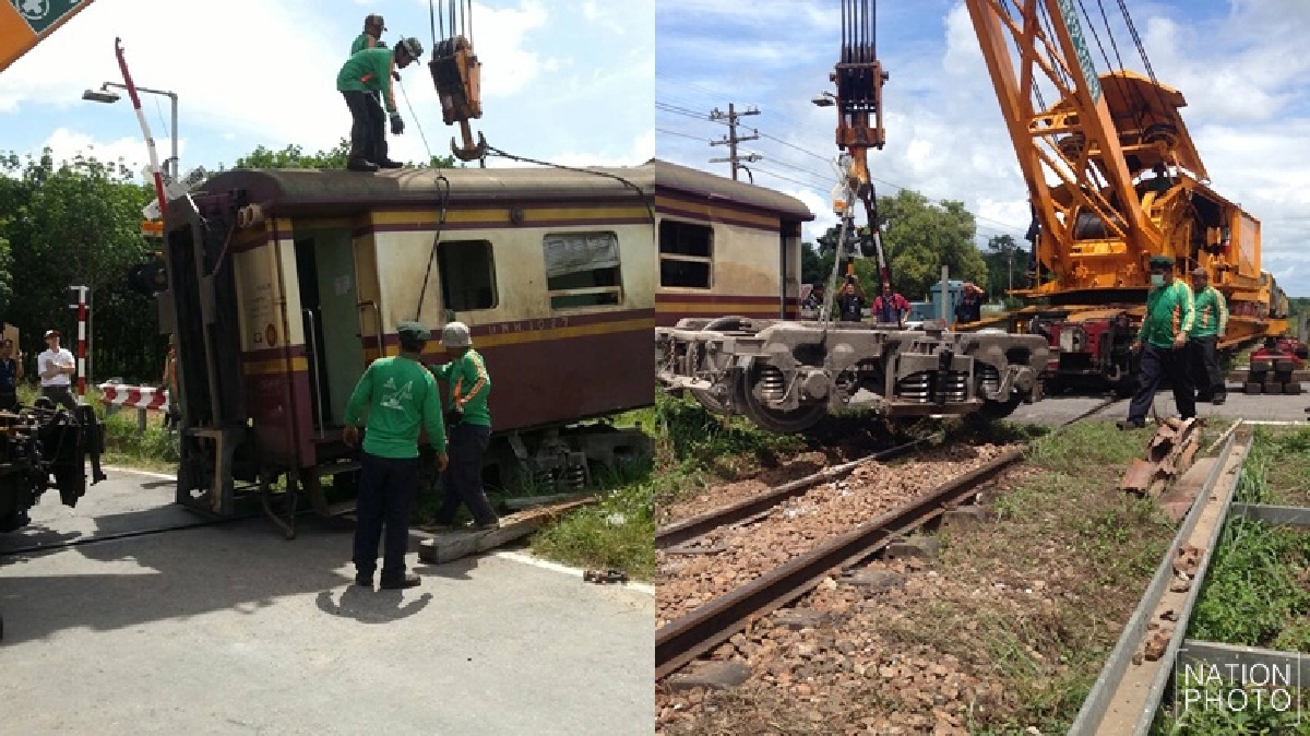 จนท.กู้ซากโบกี้รถไฟอ.โคกโพธิ์ที่ถูกวางระเบิดเสียหาย