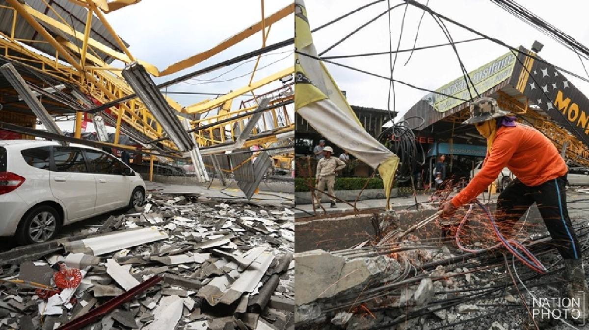 รถเครนล้มทับหลังคาร้านค้า-รถพังยับไฟดับกรุงเทพกรีฑา รถเครนล้มทับหลังคาร้านค้า-รถพังยับไฟดับกรุงเทพกรีฑา