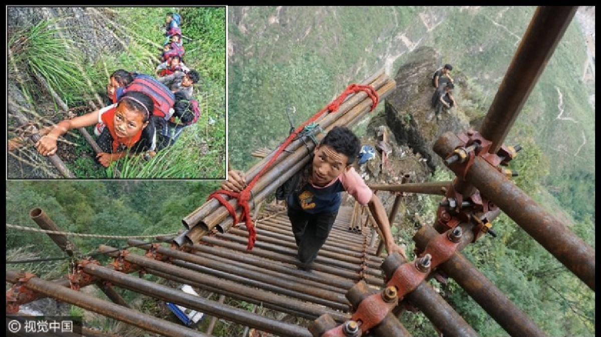 บันไดเหล็กมาแล้ว เด็กจีนไต่หน้าผา800ม!ไปโรงเรียน.สบายขึ้น 