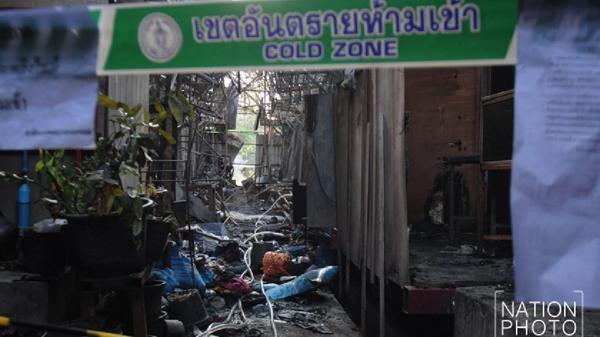 สภาพความเสียหายของแคมป์พักคนงานหลังไฟไหม้