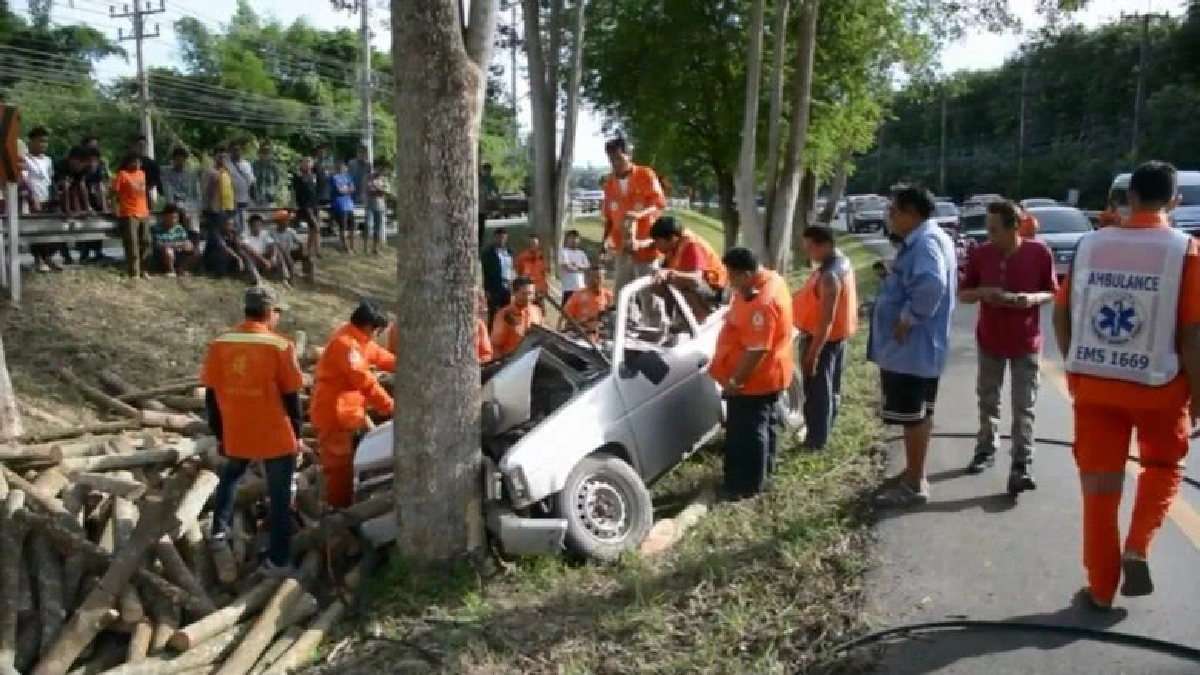 รถบรรทุกไม้หลุดโค้งตกร่องกลางถนนชนต้นไม้คนขับเสียชีวิต