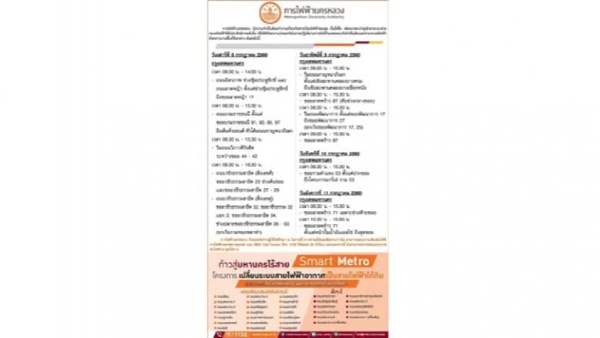กฟน. ประกาศงดจ่ายกระแสไฟฟ้าชั่วคราว ในวันที่ 8 - 11 ก.ค. 60