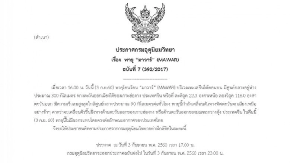 อุตุนิยม ประกาศแล้ว "พายุมาวาร์" ไม่เข้าไทย