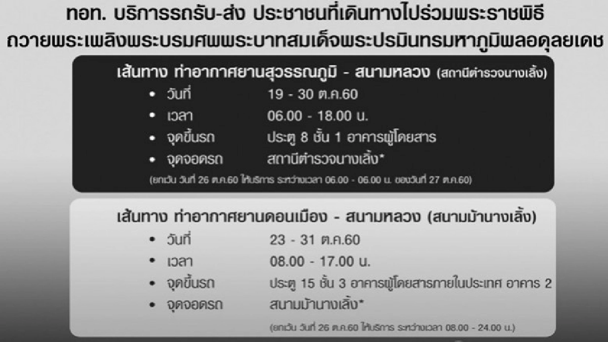 สุวรรณภูมิ-ดอนเมือง'รับส่ง-จอดฟรี'ปชช.ร่วมพิธีถวายพระเพลิง