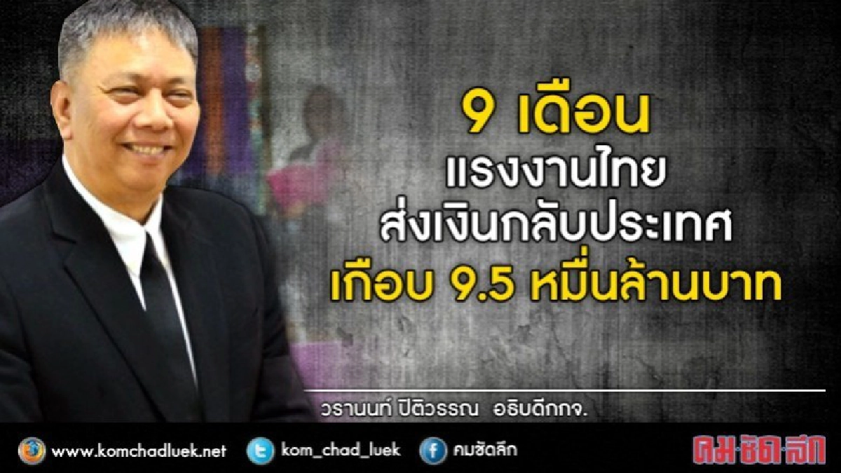9 เดือนแรงงานไทยส่งเงินกลับประเทศเกือบ9.5หมื่นล้าน 9 เดือนแรงงานไทยส่งเงินกลับประเทศเกือบ9.5หมื่นล้าน