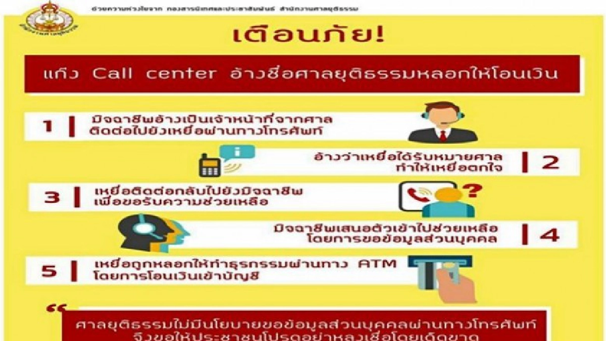 เตือน 5 ลักษณะแก๊งคอลเซ็นเตอร์ อ้างศาลตุ๋น ปชช. เตือน 5 ลักษณะแก๊งคอลเซ็นเตอร์ อ้างศาลตุ๋น ปชช.