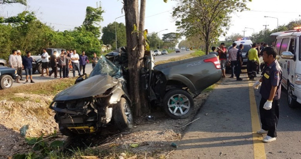 กระบะแหกโค้งชนอัดต้นไม้ดับคาที่ กระบะแหกโค้งชนอัดต้นไม้ดับคาที่