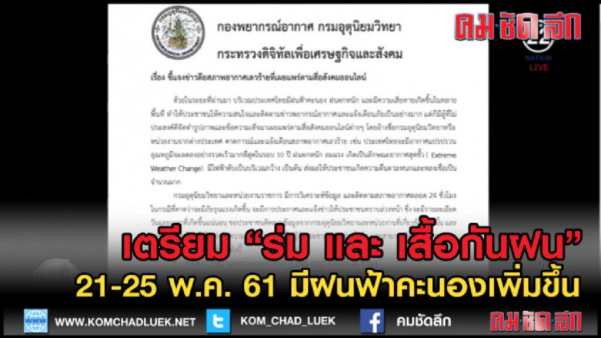 (คลิปข่าว) 21-25 พ.ค. 61 ประเทศไทยจะมีฝนฟ้าคะนองเพิ่มขึ้น (คลิปข่าว) 21-25 พ.ค. 61 ประเทศไทยจะมีฝนฟ้าคะนองเพิ่มขึ้น