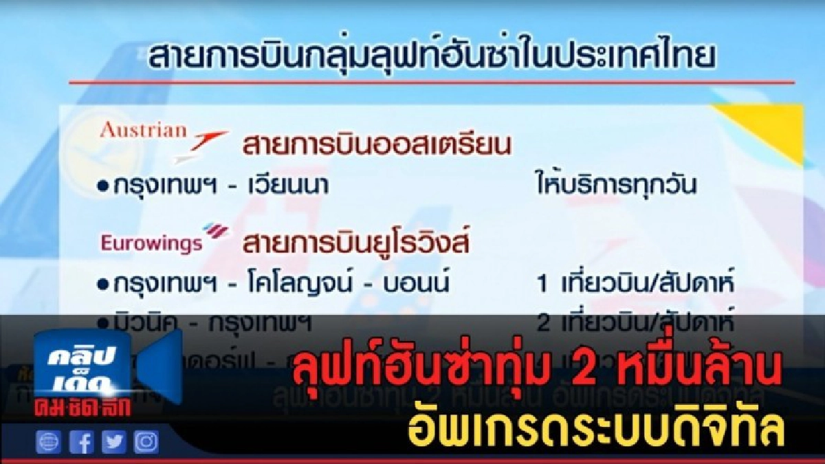 (คลิปข่าว) ลุฟท์ฮันซ่าทุ่ม 2 หมื่นล้าน อัพเกรดระบบดิจิทัล (คลิปข่าว) ลุฟท์ฮันซ่าทุ่ม 2 หมื่นล้าน อัพเกรดระบบดิจิทัล