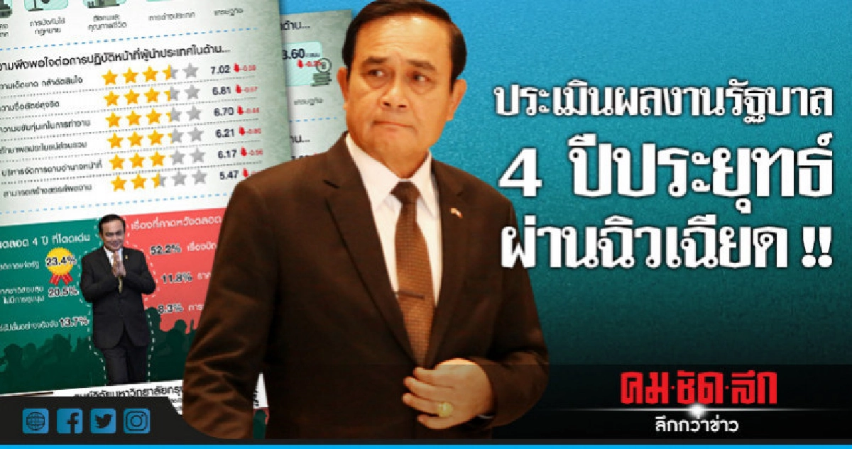 4 ปีรัฐบาลประยุทธ์ ปชช.ให้คะแนนพอใจผ่านครึ่งฉิวเฉียด 4 ปีรัฐบาลประยุทธ์ ปชช.ให้คะแนนพอใจผ่านครึ่งฉิวเฉียด