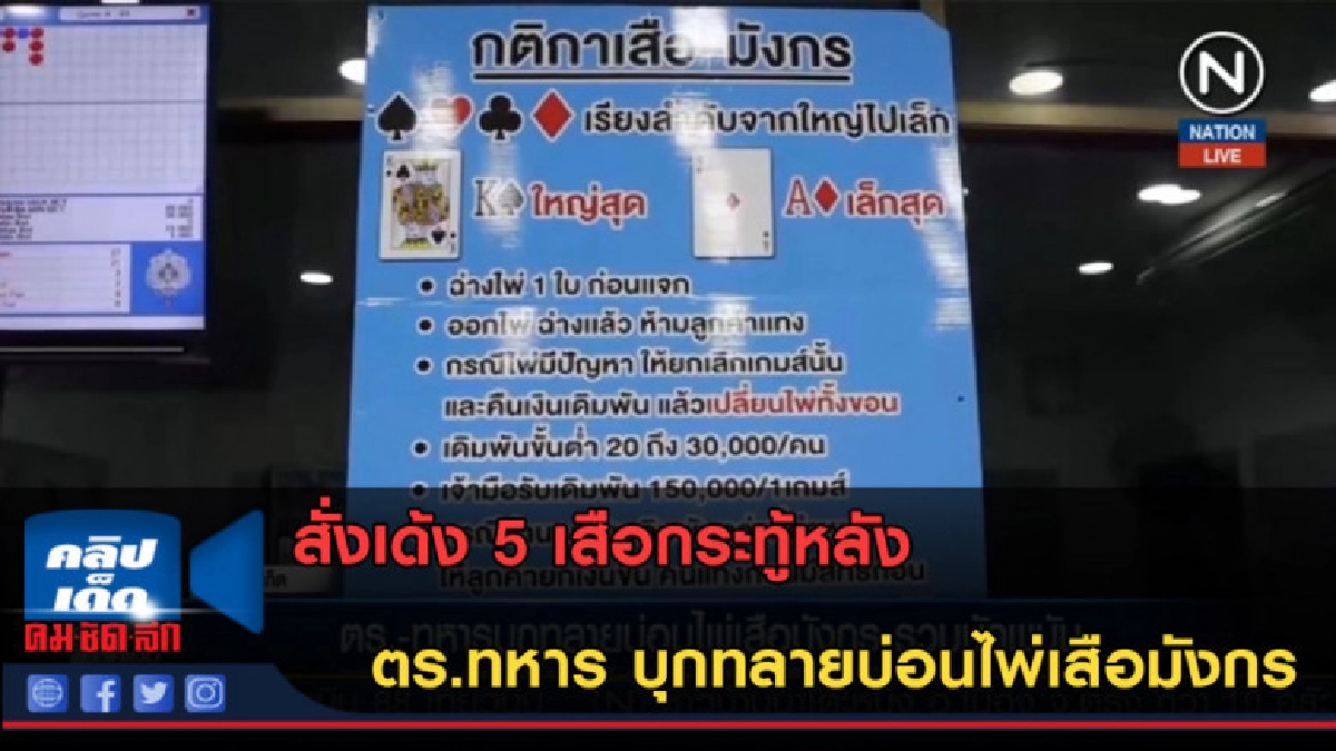 (คลิปข่าว) สั่งเด้ง 5 เสือกระทู้หลัง ตร.ทหาร บุกทลายบ่อนไพ่ (คลิปข่าว) สั่งเด้ง 5 เสือกระทู้หลัง ตร.ทหาร บุกทลายบ่อนไพ่