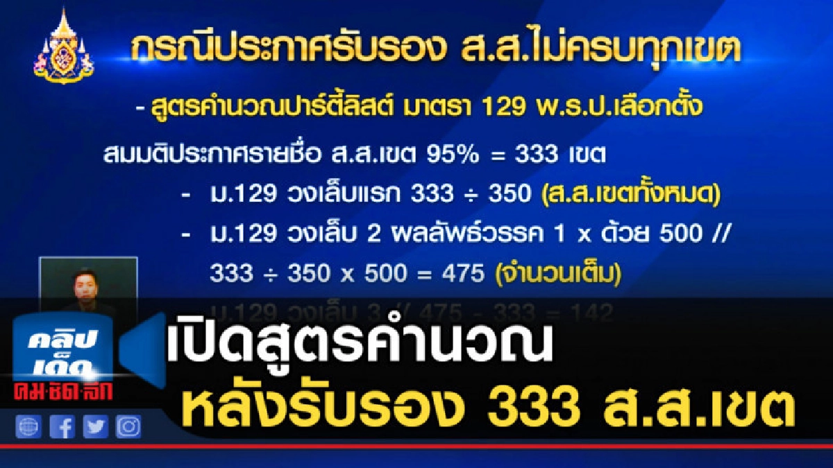 เปิดสูตรคำนวณปาร์ตี้ลิสต์หลังรับรอง 333 ส.ส.เขต เปิดสูตรคำนวณปาร์ตี้ลิสต์หลังรับรอง 333 ส.ส.เขต