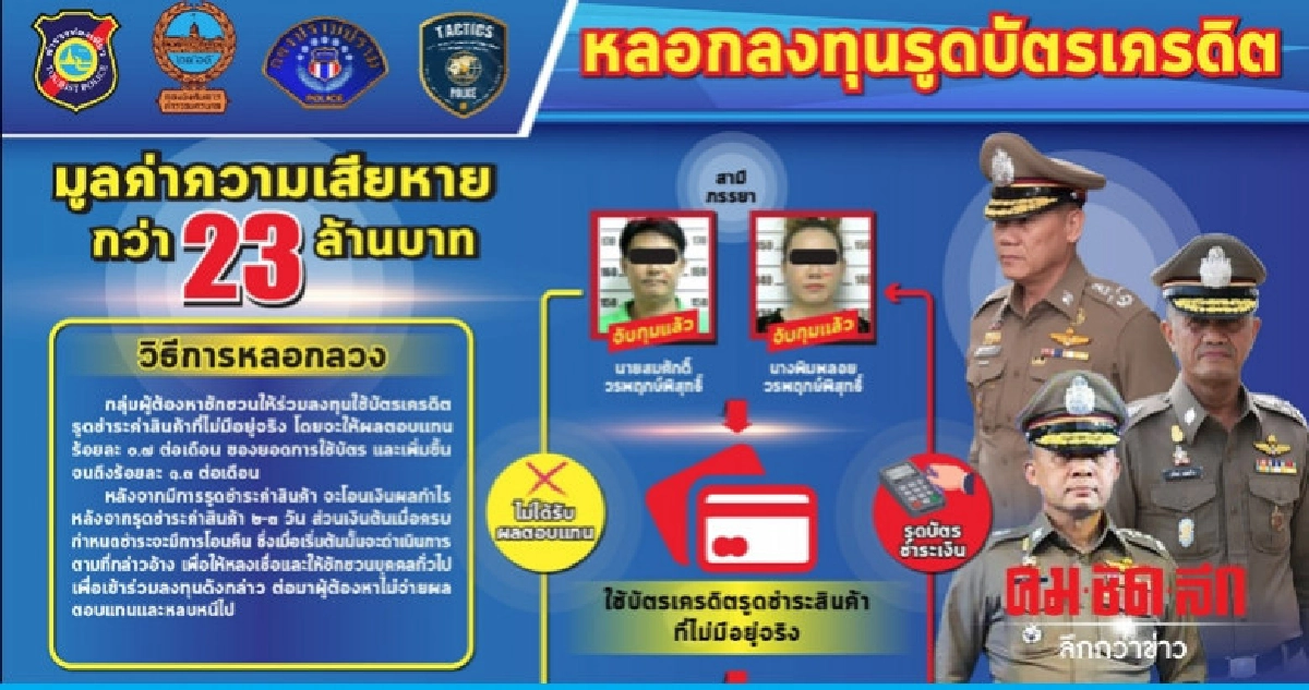 จับผัวเมียหลอกลงทุนรูดบัตรเครดิตสูญกว่า 20 ล้าน จับผัวเมียหลอกลงทุนรูดบัตรเครดิตสูญกว่า 20 ล้าน