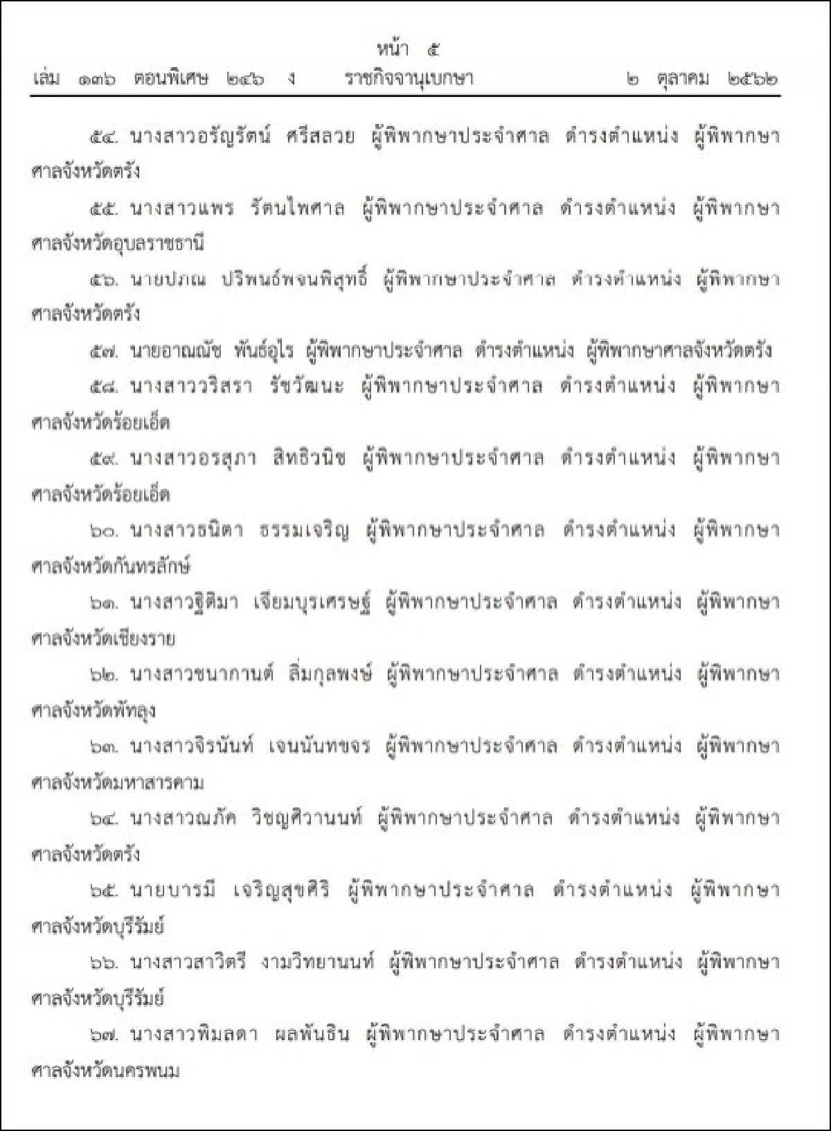 ราชกิจจาฯประกาศแต่งตั้งผู้พิพากษา 143 ราย