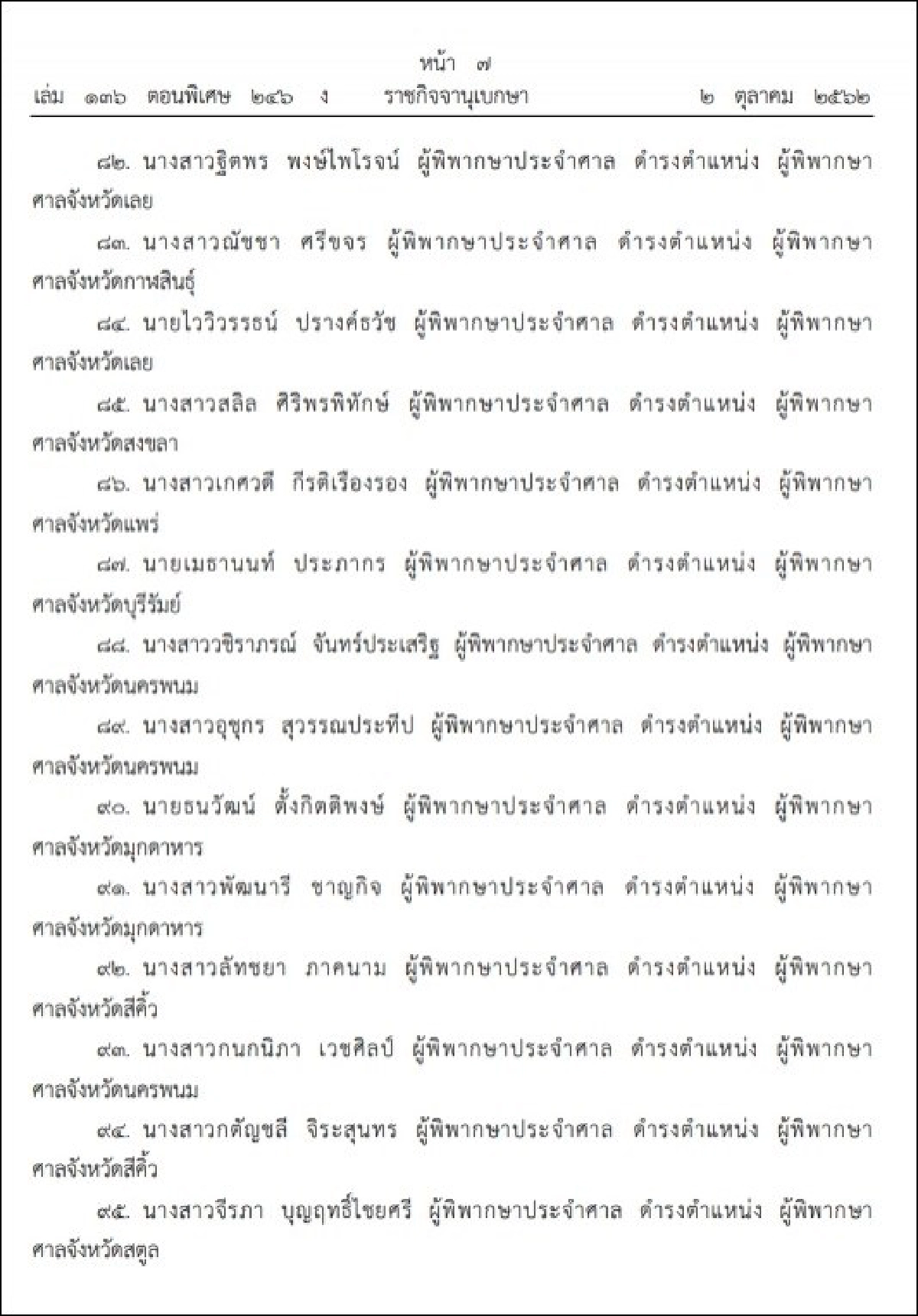 ราชกิจจาฯประกาศแต่งตั้งผู้พิพากษา 143 ราย