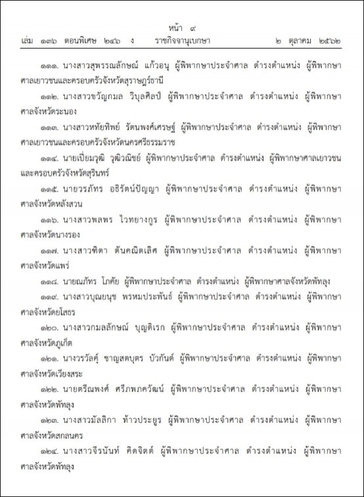 ราชกิจจาฯประกาศแต่งตั้งผู้พิพากษา 143 ราย