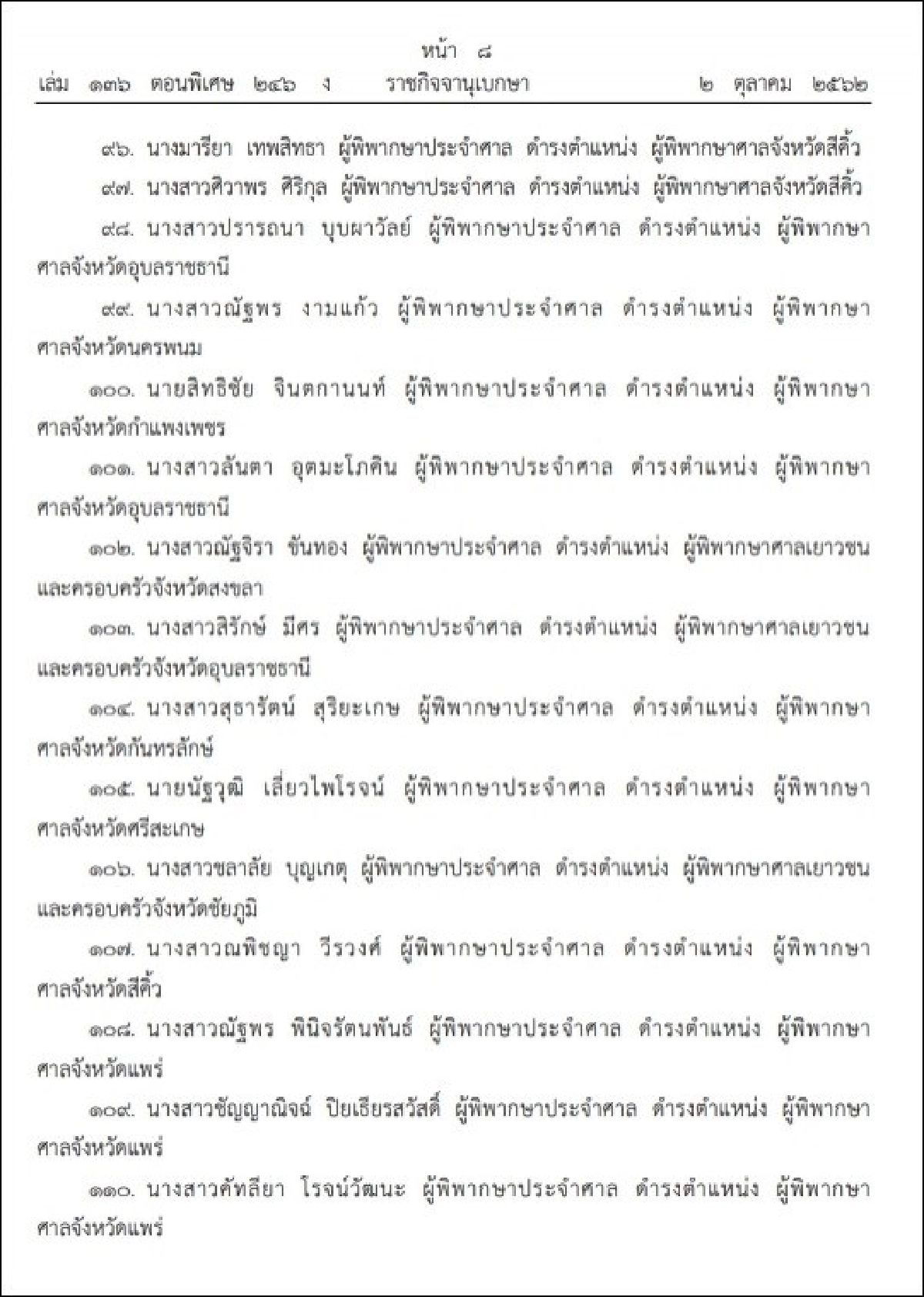 ราชกิจจาฯประกาศแต่งตั้งผู้พิพากษา 143 ราย