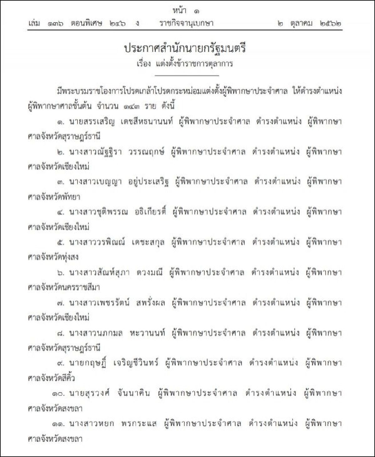 ราชกิจจาฯประกาศแต่งตั้งผู้พิพากษา 143 ราย