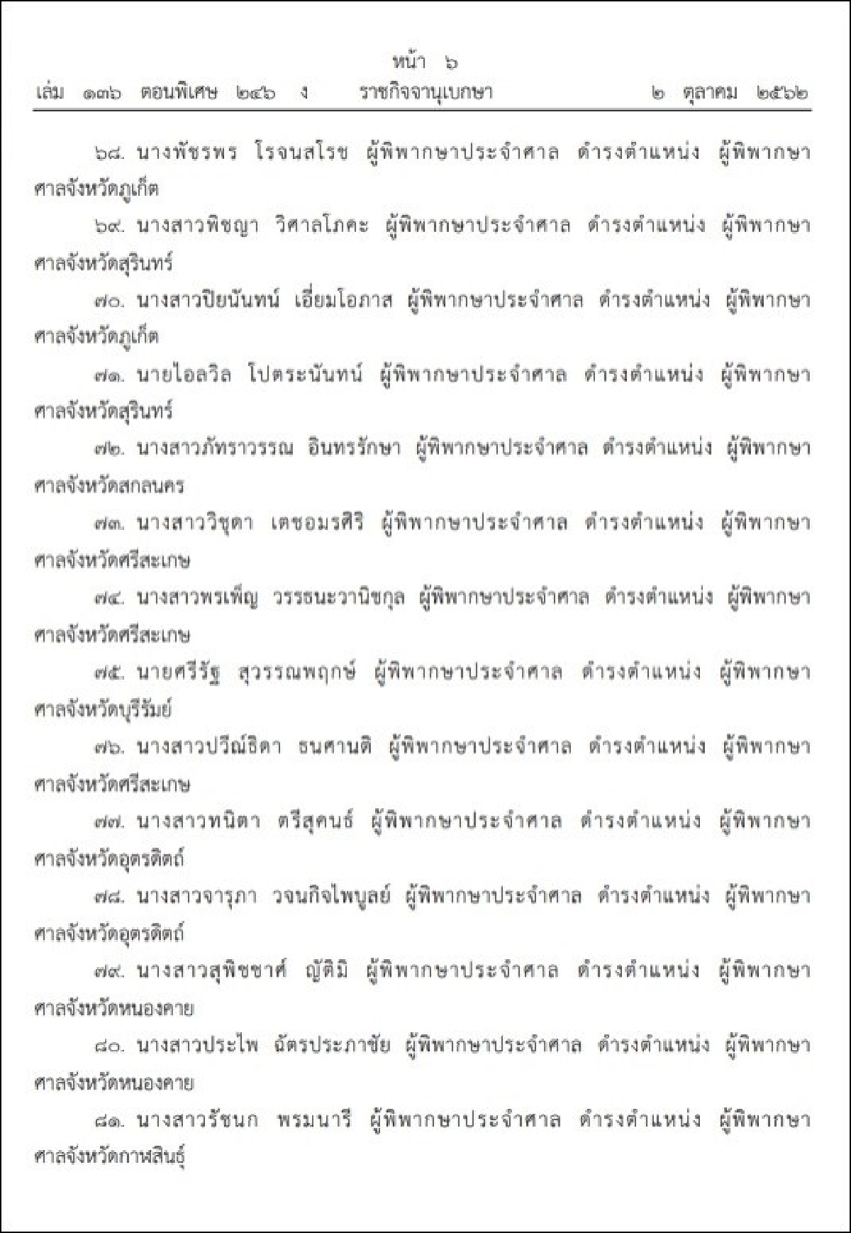 ราชกิจจาฯประกาศแต่งตั้งผู้พิพากษา 143 ราย