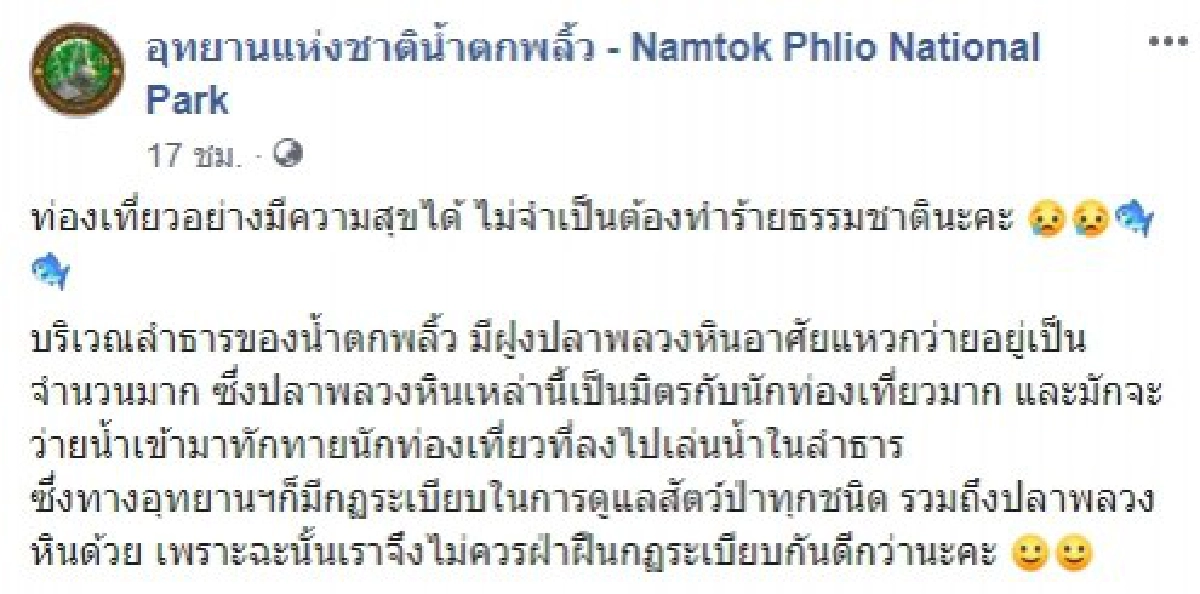 ดราม่าสนั่น  นักท่องเที่ยวจับปลาใน น้ำตกพริ้ว ขึ้นมาถ่ายรูป