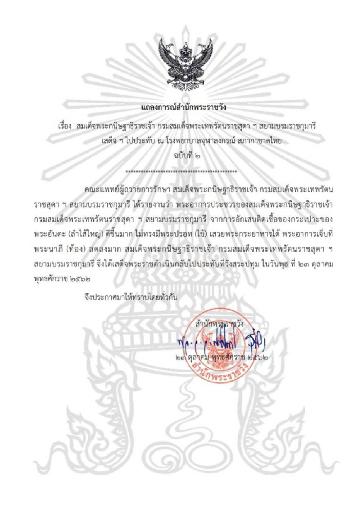 กรมสมเด็จพระเทพฯ หายประชวรเสด็จฯ กลับวังสระปทุม
