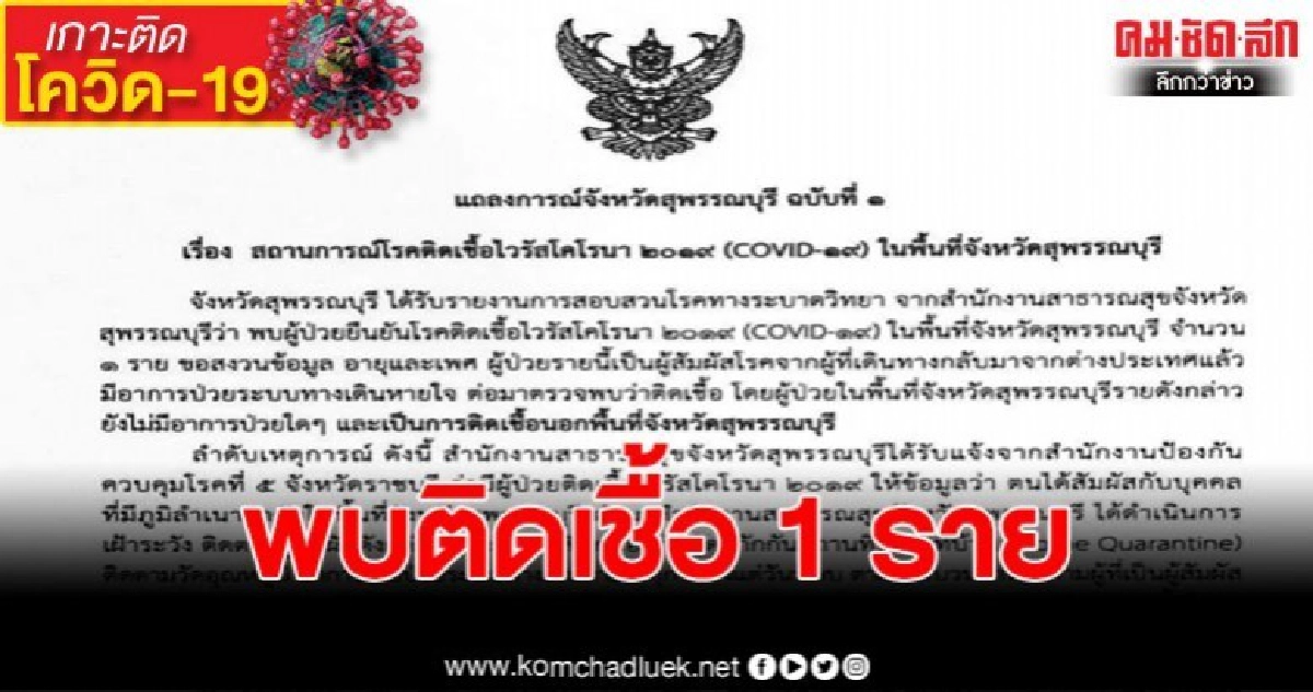 สุพรรณบุรี ประกาศพบมีผู้ติดเชื้อไวรัส โควิด-19 จำนวน 1 ราย สุพรรณบุรี ประกาศพบมีผู้ติดเชื้อไวรัส โควิด-19 จำนวน 1 ราย