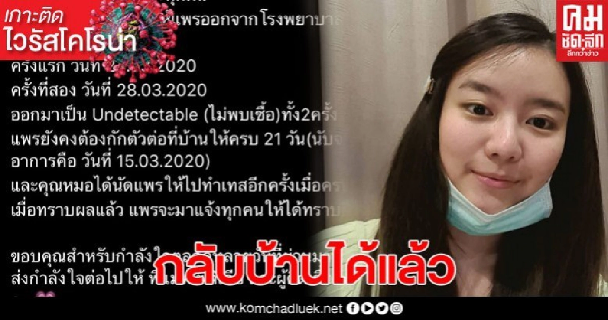 แพรวา ณิชาภัทร อัปเดต 'กลับบ้านได้แล้ว' หลังตรวจไม่พบเชื้อโควิด-19 แพรวา ณิชาภัทร อัปเดต 'กลับบ้านได้แล้ว' หลังตรวจไม่พบเชื้อโควิด-19
