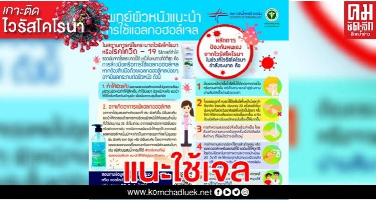 แพทย์ผิวหนังแนะนำการใช้แอลกอฮอล์เจล ป้องกันตัวจาก'โควิด-19' แพทย์ผิวหนังแนะนำการใช้แอลกอฮอล์เจล ป้องกันตัวจาก'โควิด-19'