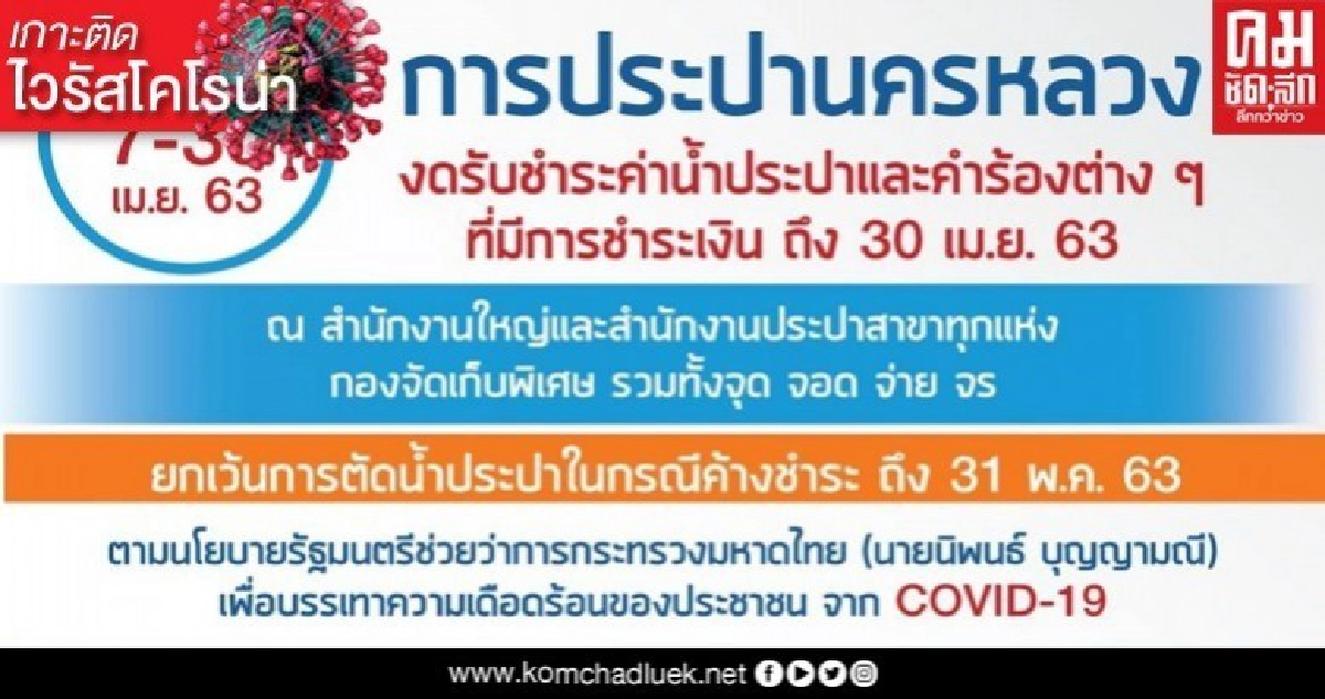 กปน.ยกเว้นการตัดน้ำ-ถอดมิเตอร์ บรรเทาเดือดร้อน ปชช. จาก โควิด-19 กปน.ยกเว้นการตัดน้ำ-ถอดมิเตอร์ บรรเทาเดือดร้อน ปชช. จาก โควิด-19
