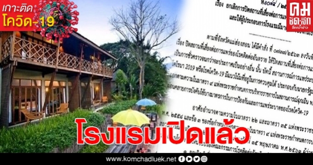 ผู้ว่าแม่ฮ่องสอนสั่งยกเลิกการปิดโรงแรม ตั้งแต่1มิ.ย. เป็นต้นไป ผู้ว่าแม่ฮ่องสอนสั่งยกเลิกการปิดโรงแรม ตั้งแต่1มิ.ย. เป็นต้นไป