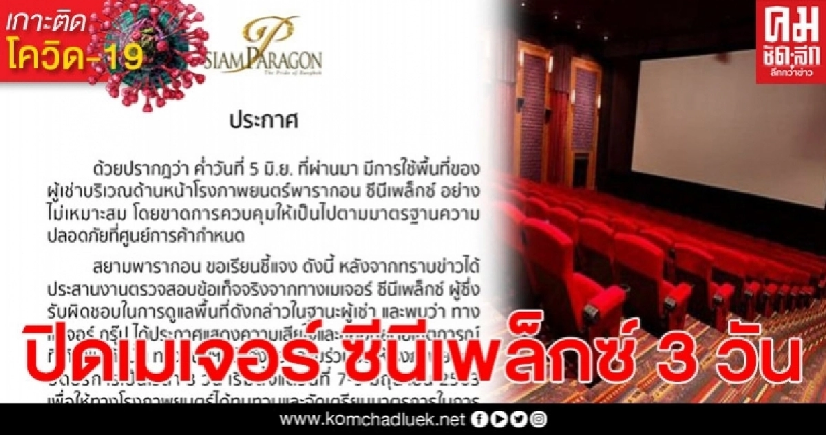 สยามพารากอน ประกาศสั่งปิดเมเจอร์ ซีนีเพล็กซ์ 3 วัน ไม่คุมเข้มมาตรฐานความปลอดภัย สยามพารากอน ประกาศสั่งปิดเมเจอร์ ซีนีเพล็กซ์ 3 วัน ไม่คุมเข้มมาตรฐานความปลอดภัย