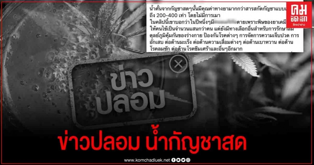 ระวังข่าวปลอม "น้ำกัญชาคั้นสด ไม่ออกฤทธิ์ต่อประสาท" ระวังข่าวปลอม "น้ำกัญชาคั้นสด ไม่ออกฤทธิ์ต่อประสาท"