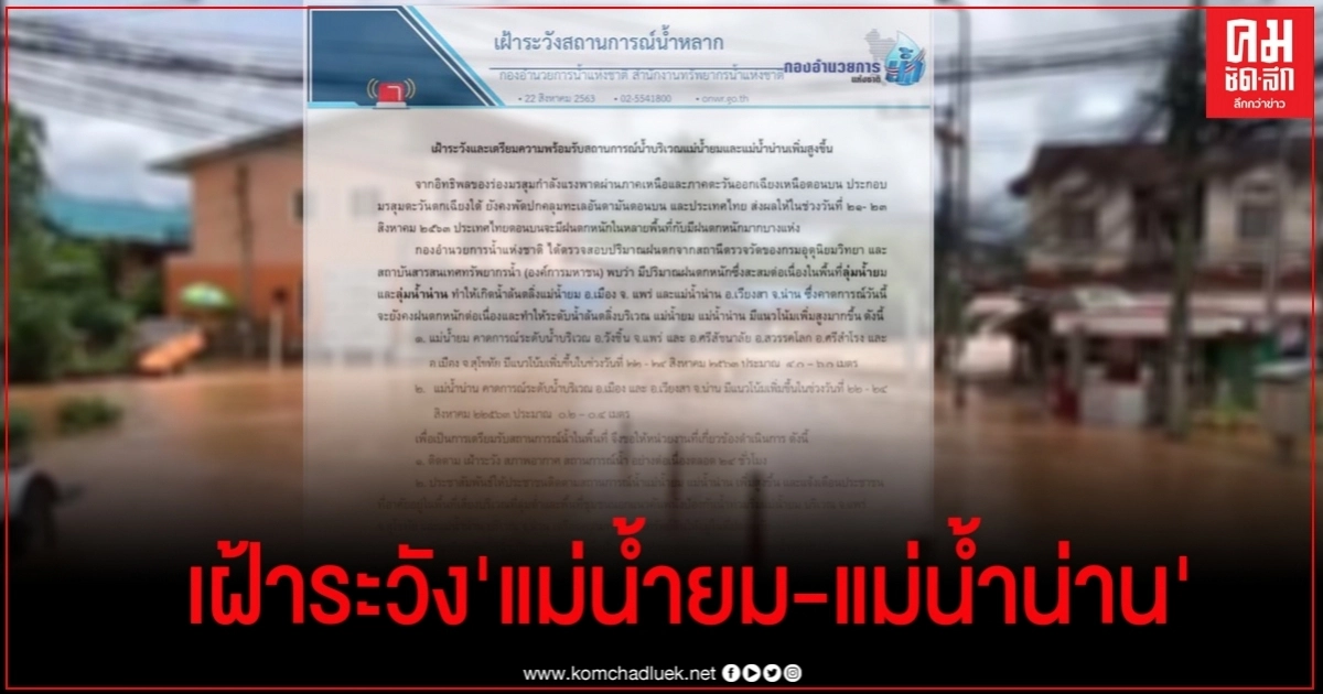   กอนช. ประกาศเฝ้าระวังและเตรียมความพร้อมรับสถานการณ์น้ำ "แม่น้ำยม-แม่น้ำน่าน"เพิ่มสูงขึ้น