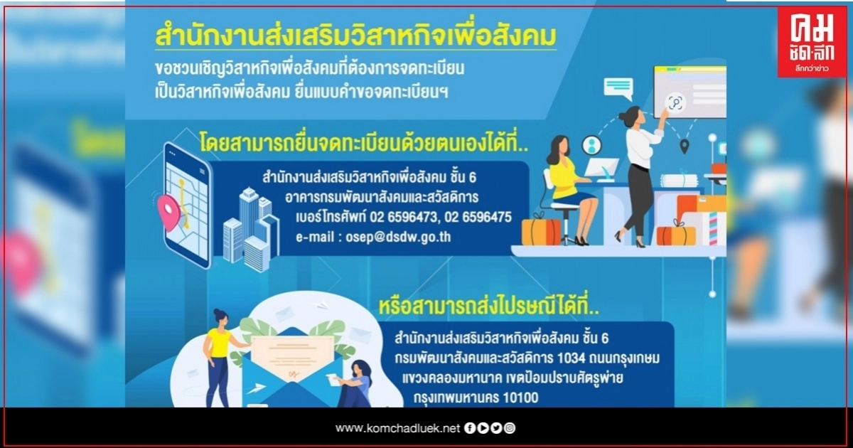 ผอ.สวส. ชวนบริษัท ห้างร้าน กลุ่มกิจการ ที่ทำธุรกิจเพื่อสังคม ยื่นจดทะเบียนเป็นวิสาหกิจเพื่อสังคม ผอ.สวส. ชวนบริษัท ห้างร้าน กลุ่มกิจการ ที่ทำธุรกิจเพื่อสังคม ยื่นจดทะเบียนเป็นวิสาหกิจเพื่อสังคม