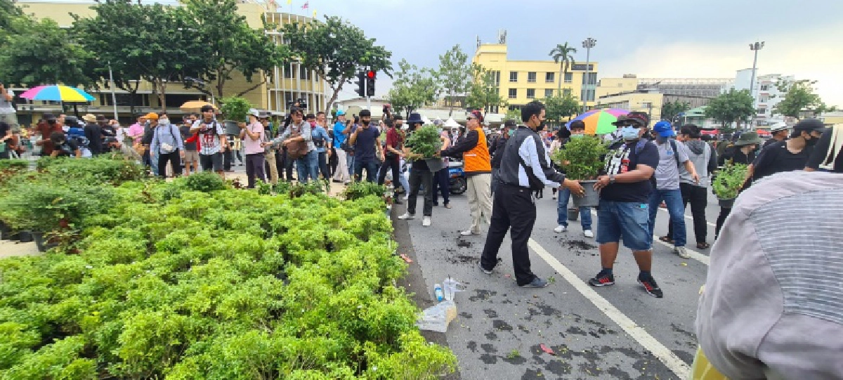 ชมคลิป นาทีชุลมุน "คณะราษฎร" รื้อถอนต้นไม้บริเวณ อนุสาวรีย์ประชาธิปไตย ยึดพื้นที่  (มีคลิป)