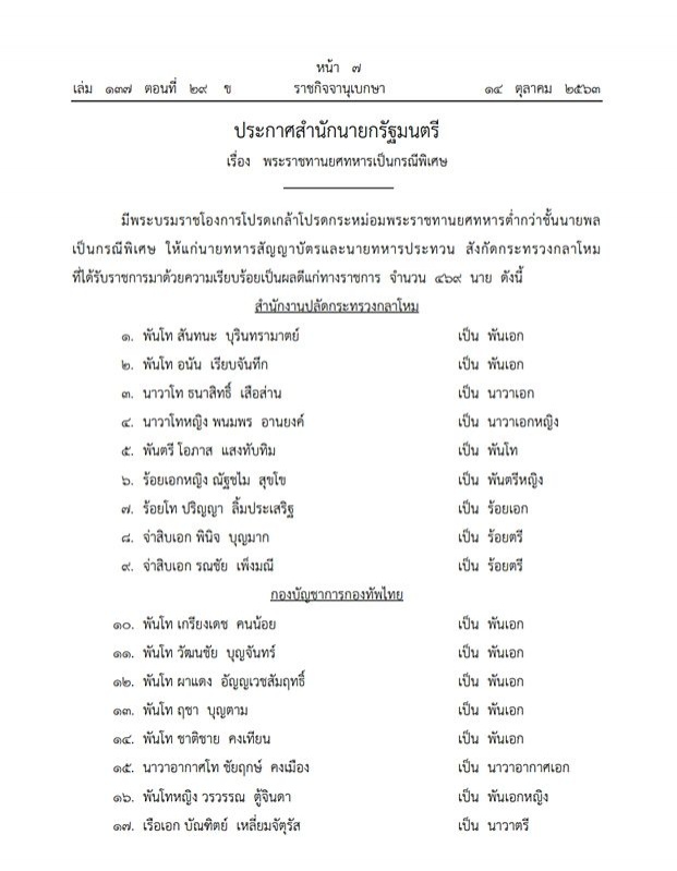 พระบรมราชโองการโปรดเกล้าฯ พระราชทานยศทหารเป็นกรณีพิเศษ 496ราย