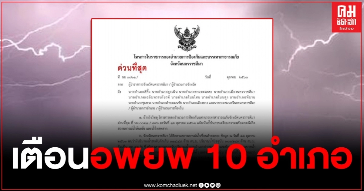 ด่วนที่สุด โคราชออกหนังสือ ประกาศเตือน 10 อำเภอ เตรียมอพยพขนของขึ้นที่สูง ด่วนที่สุด โคราชออกหนังสือ ประกาศเตือน 10 อำเภอ เตรียมอพยพขนของขึ้นที่สูง