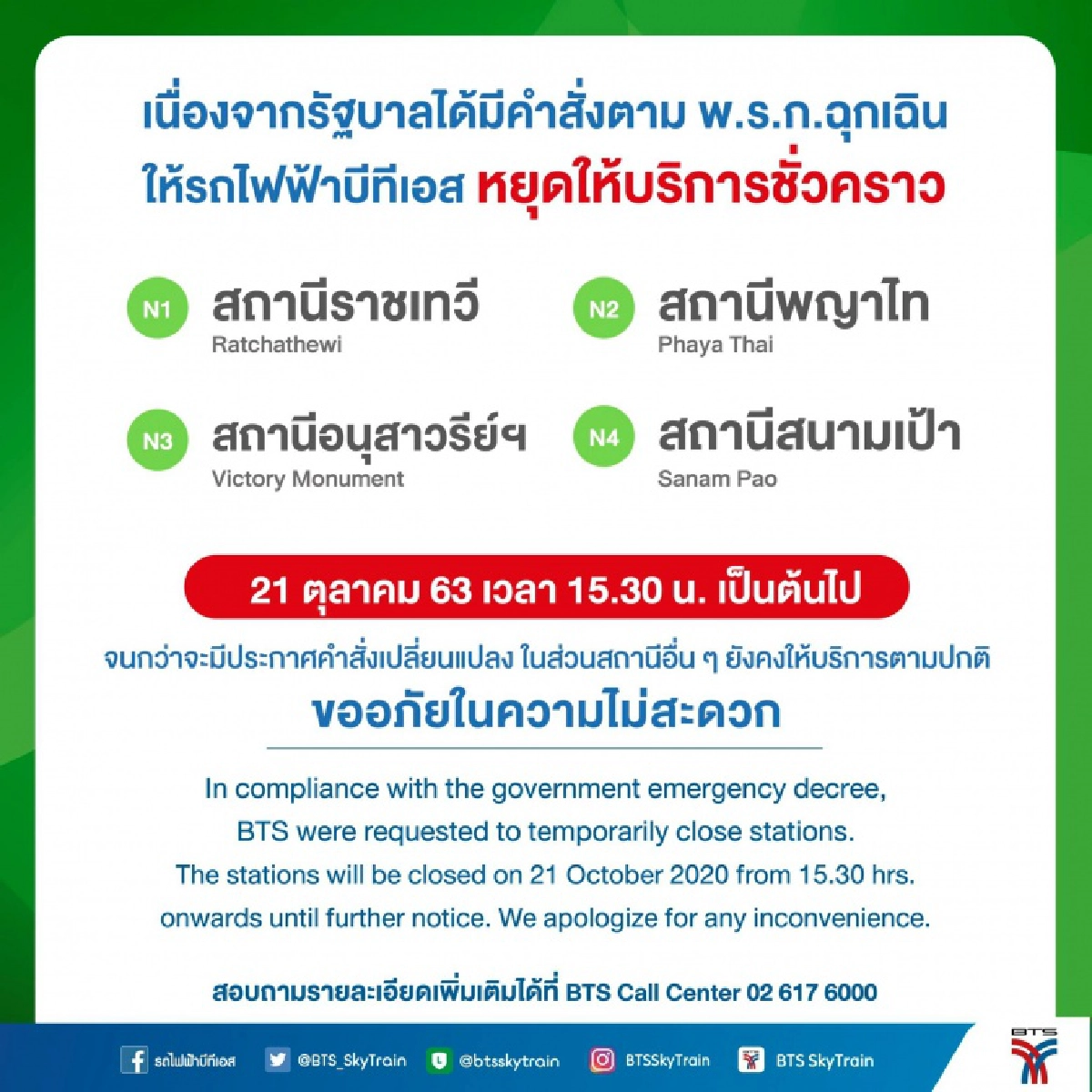 ด่วนที่สุด BTS ปิดให้บริการชั่วคราว 4 สถานี 