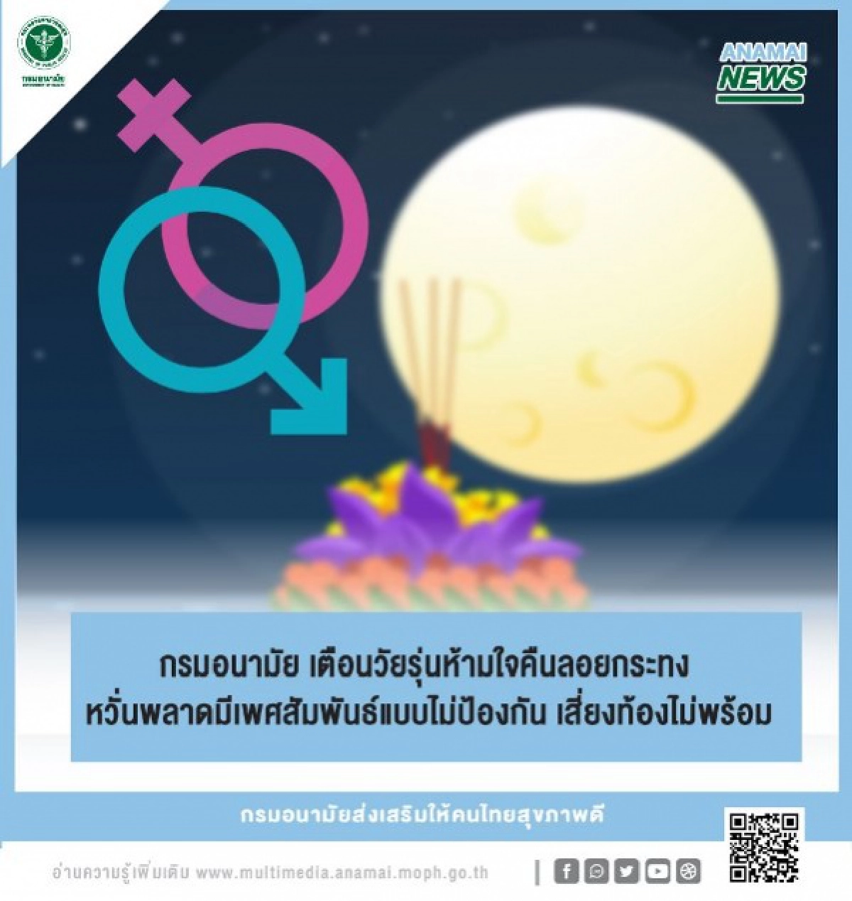 กรมอนามัยเตือนวัยรุ่นห้ามใจคืนลอยกระทง หวั่นพลาดมีเพศสัมพันธ์แบบไม่ป้องกัน