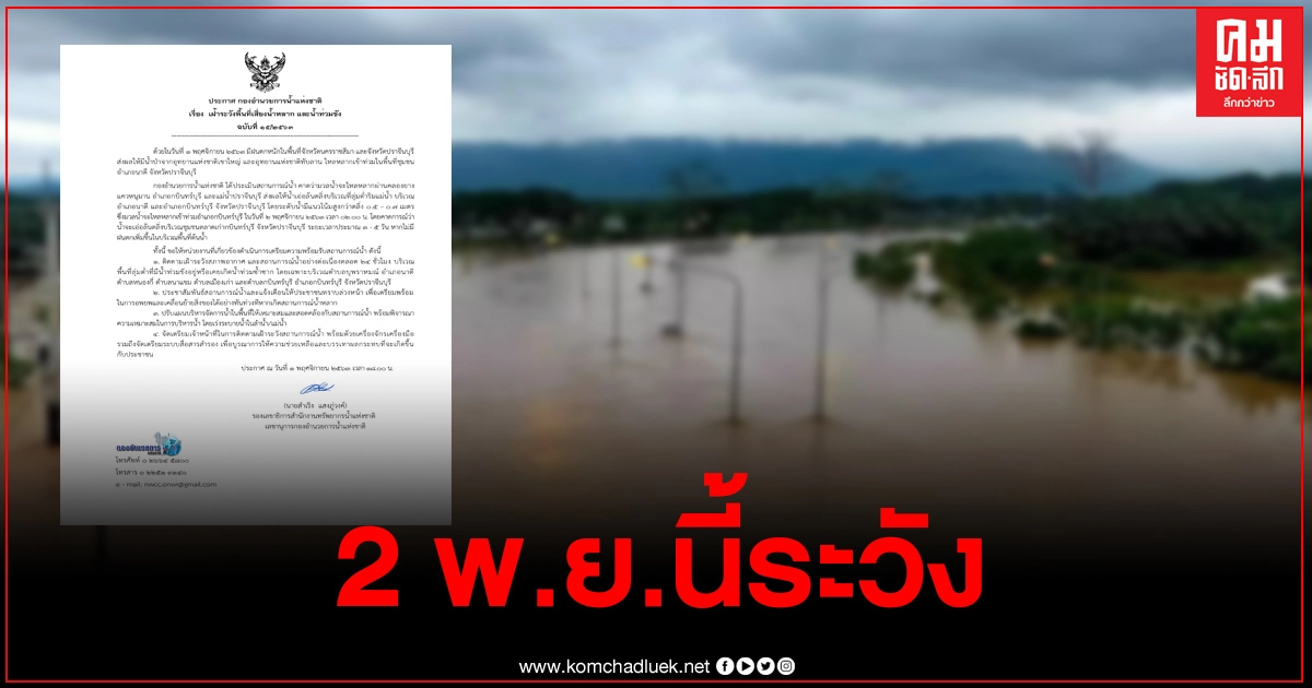 กองอำนวยการน้ำแห่งชาติ เตือน2อำเภอ 2พ.ย.นี้เสี่ยงน้ำหลาก-น้ำท่วมขัง กองอำนวยการน้ำแห่งชาติ เตือน2อำเภอ 2พ.ย.นี้เสี่ยงน้ำหลาก-น้ำท่วมขัง