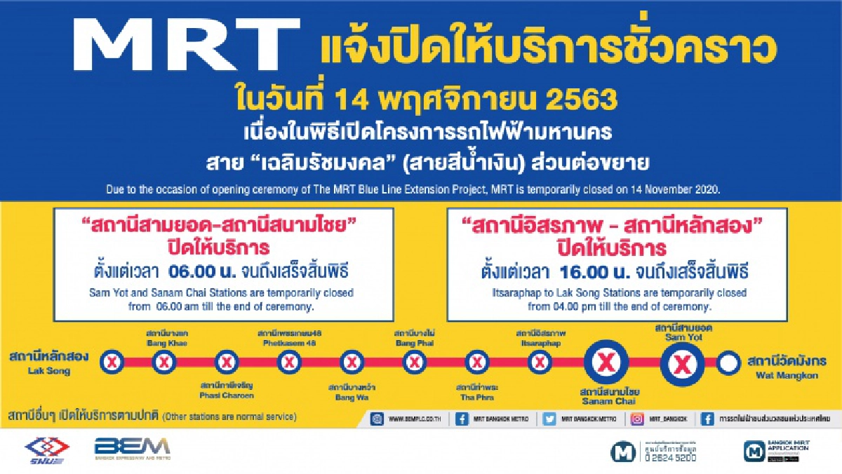 รถไฟฟ้า MRT แจ้งปิดการให้บริการชั่วคราว