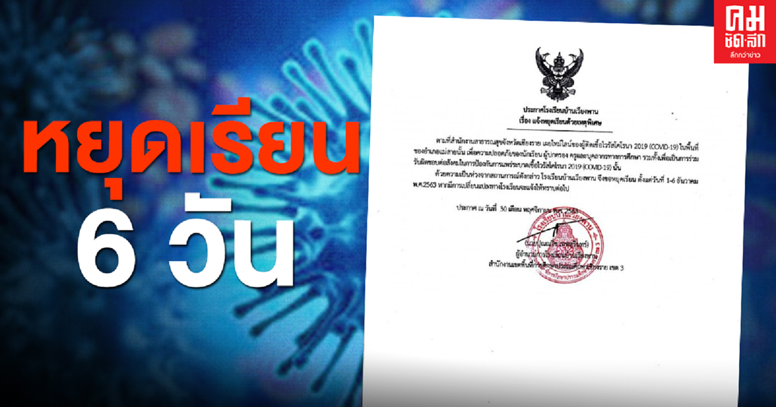 ด่วน 'รร.เวียงพาน'จ.เชียงราย ประกาศหยุดเรียน6วันหนีโควิด