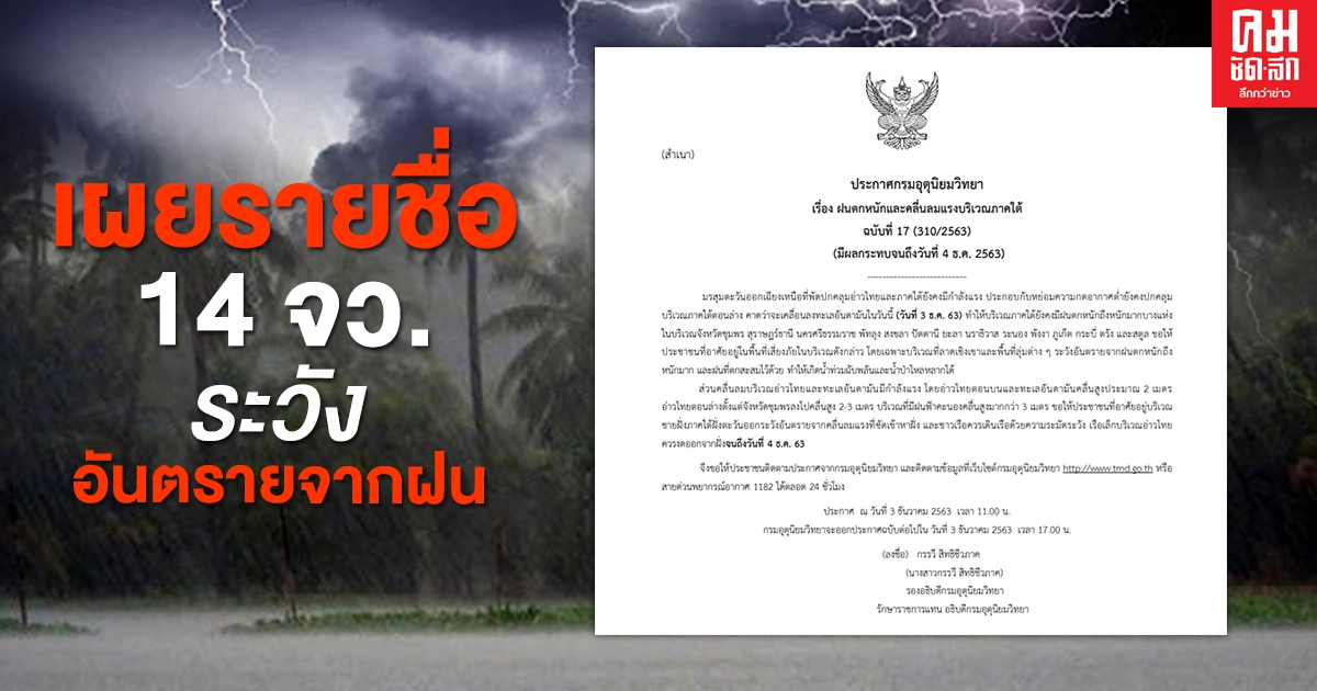กรมอุตุฯ เผยรายชื่อ 14 จังหวัด ภาคใต้ระวังอันตรายจากฝนตกหนัก