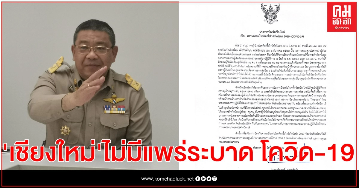 ผู้ว่าฯเชียงใหม่ออกประกาศจังหวัด ยันไม่มีการแพร่ระบาด โควิด-19 ผู้ว่าฯเชียงใหม่ออกประกาศจังหวัด ยันไม่มีการแพร่ระบาด โควิด-19