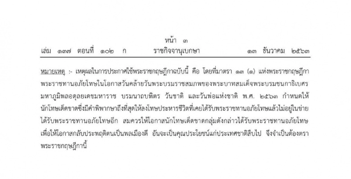 ด่วน..ราชกิจจาฯ พระบรมราชโองการ พ.ร.ฎ.พระราชทานอภัยโทษ เพิ่มเติม