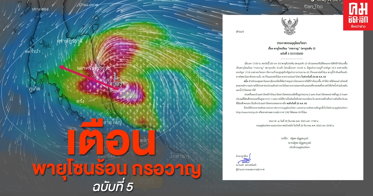เตือน พายุดีเปรสชัน ทวีกำลังแรงขึ้นเป็น พายุโซนร้อน กรอวาญ (พายุระดับ 3) แล้ว
